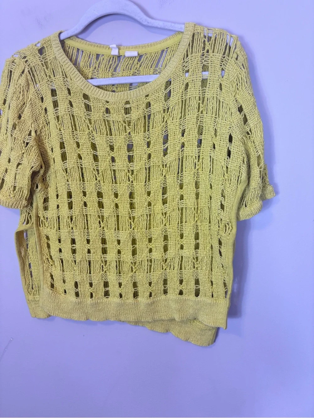 Moth Yellow Open-Weave Short Sleeve Knit Top Slit Side Medium